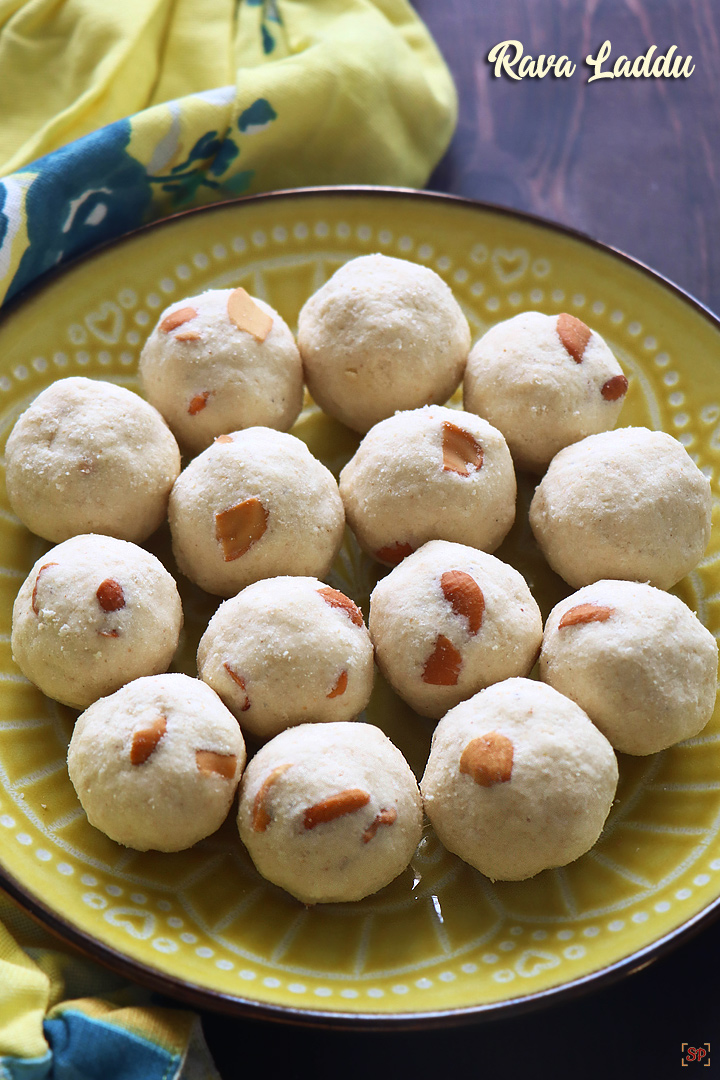 rava ladoo in a yellow plate
