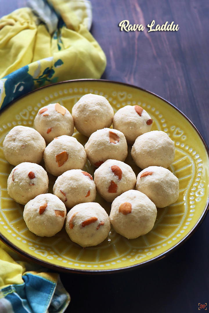 rava ladoo in a yellow plate