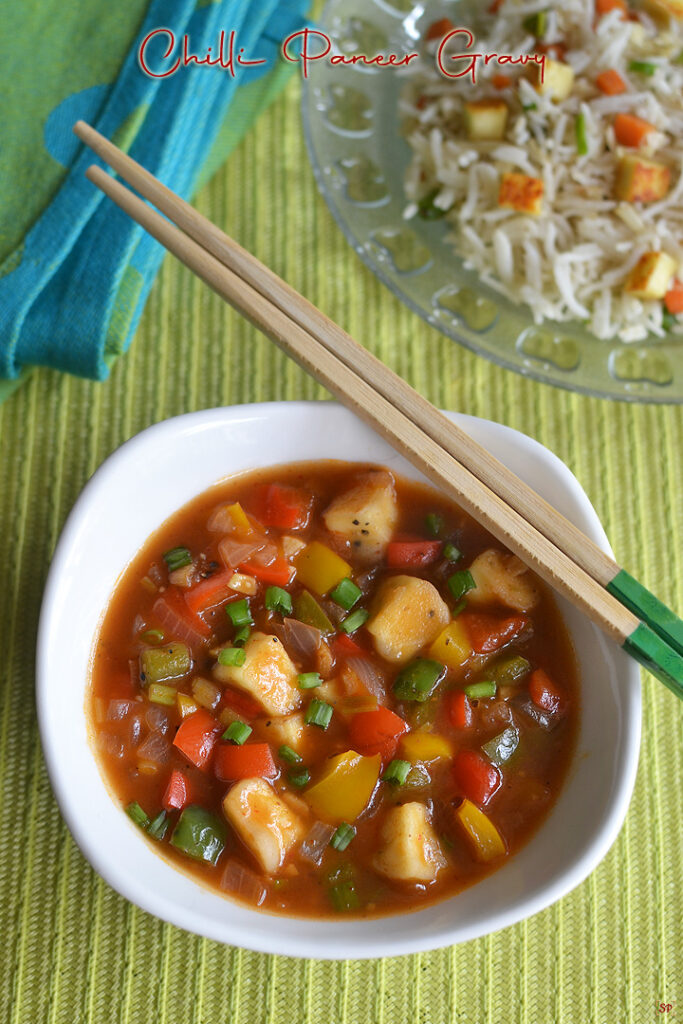 chilli paneer gravy placed in a bowl