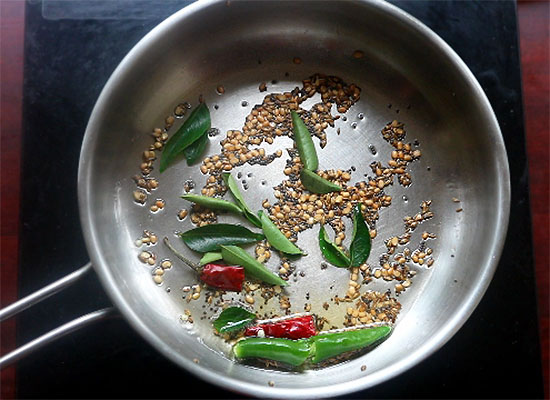 add curry leaves, red chillies