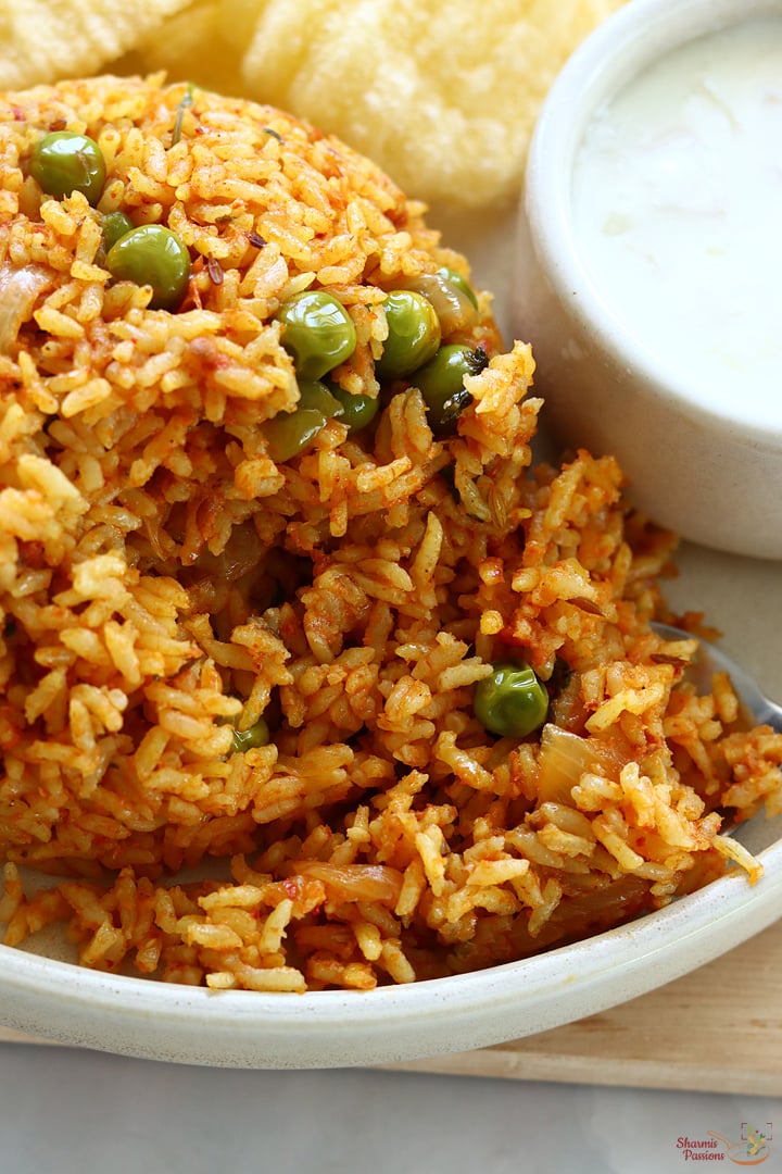 tomato bath served with onion raita, papad