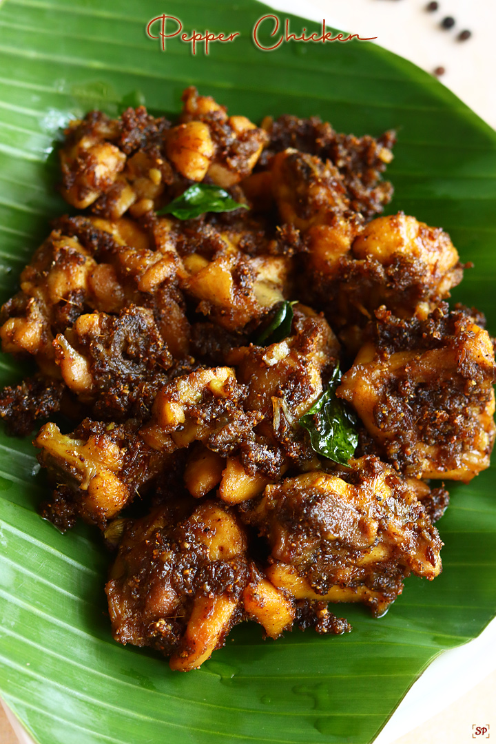 Pepper Chicken placed in a banana leaf