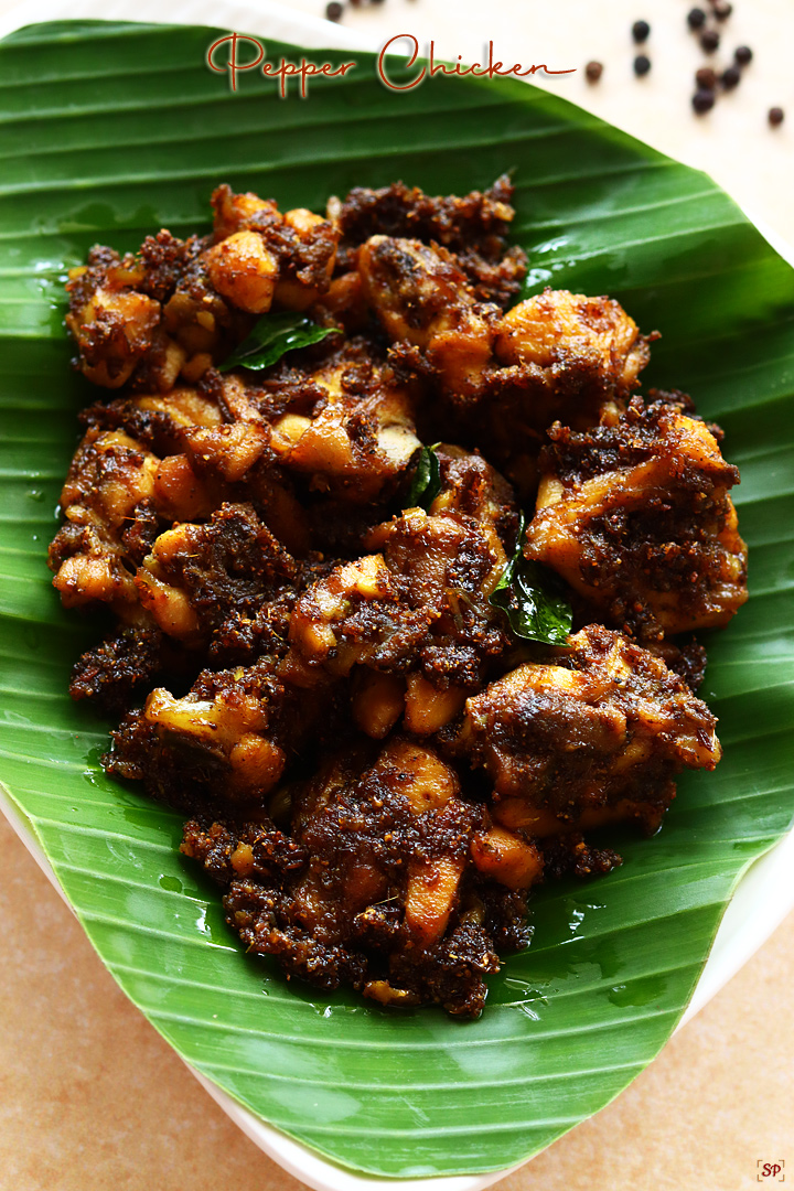 Pepper Chicken placed in a banana leaf