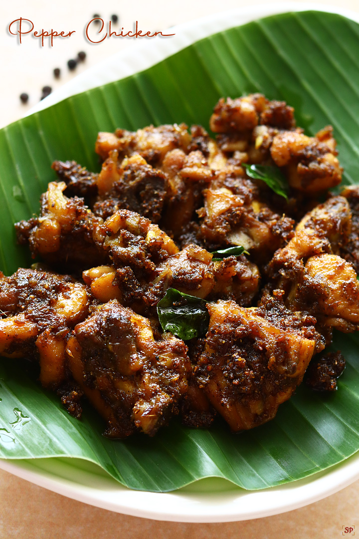 Pepper Chicken placed in a banana leaf