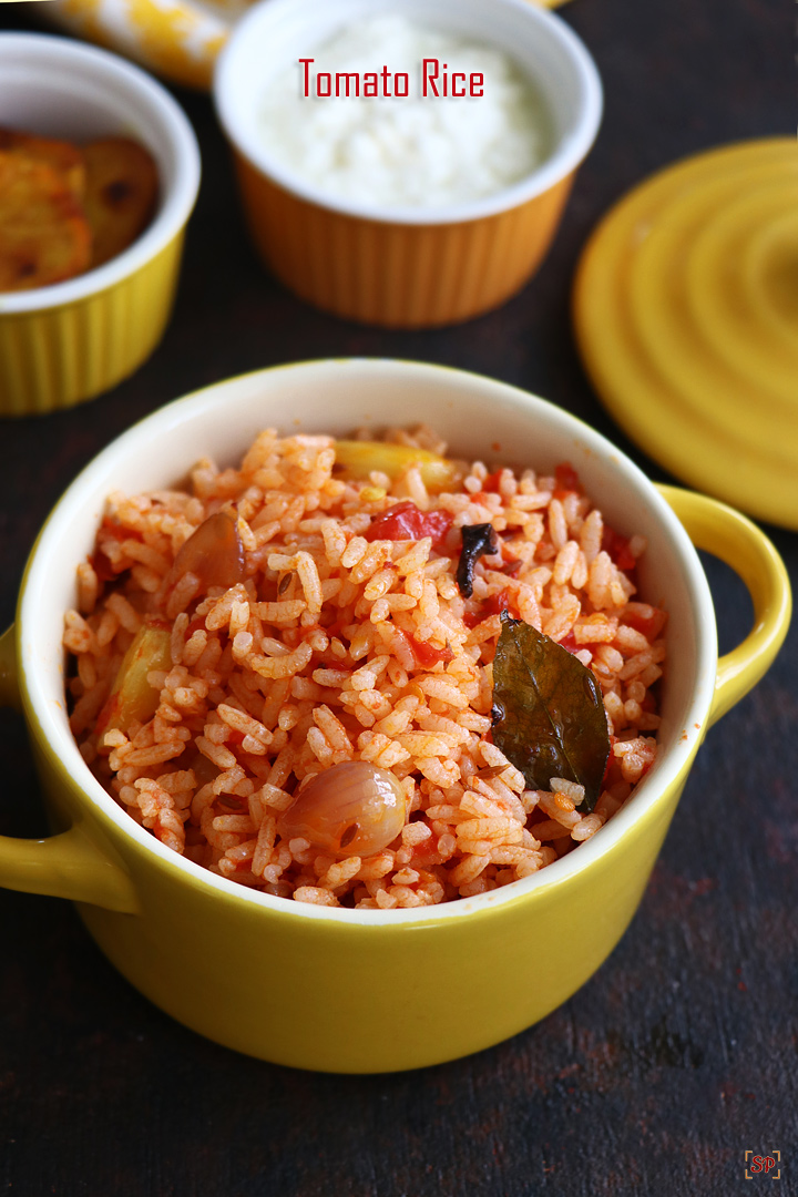 tomato rice in a yellow casserole