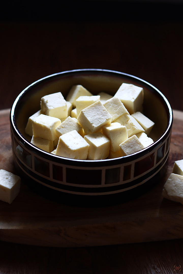 homemade paneer cubes in a bowl