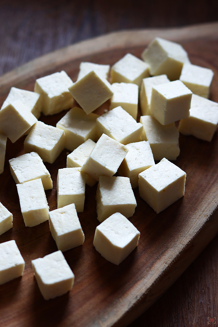 homemade paneer cubes in a bowl