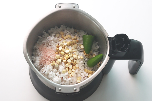 coconut, fried gram dal, green chillies and salt added to mixer jar