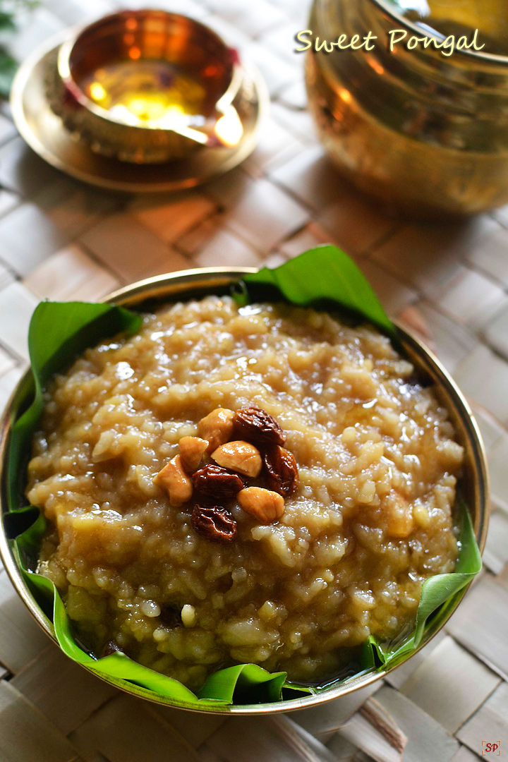 sweet pongal served in banana leaf with ghee drizzled