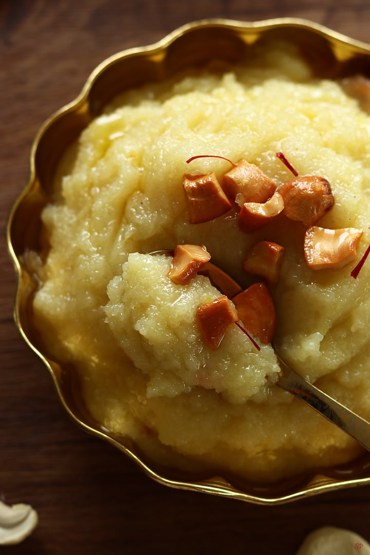 milk kesari served with saffron and cashews