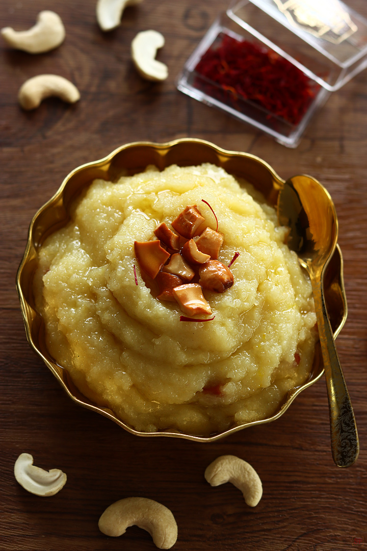 milk kesari served with saffron and cashews