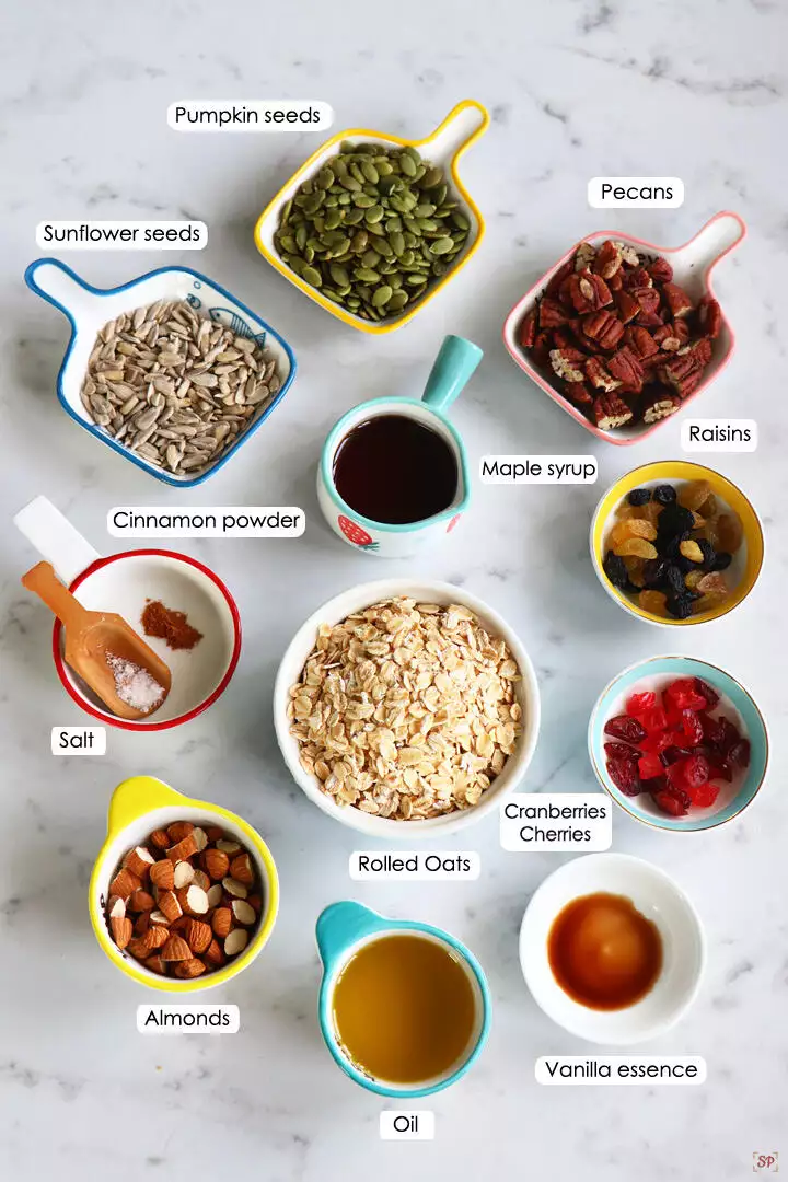 a display of ingredients needed for making granola