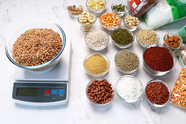 weighing the grains and pulses