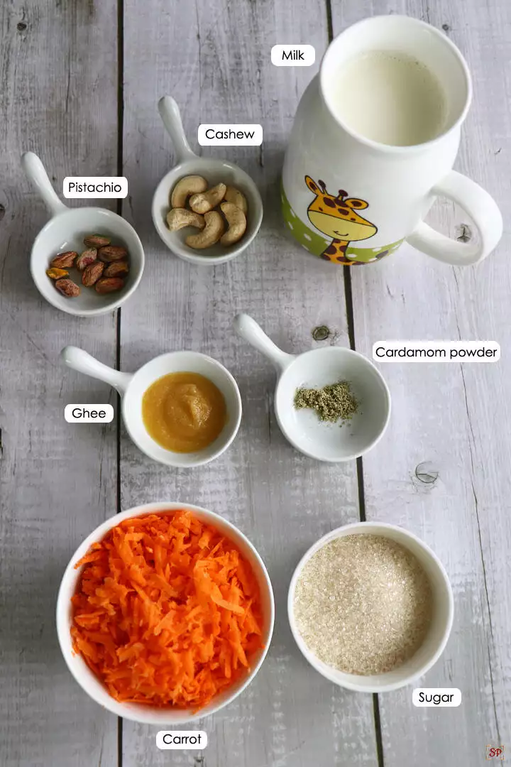a display of ingredients needed to make carrot kheer