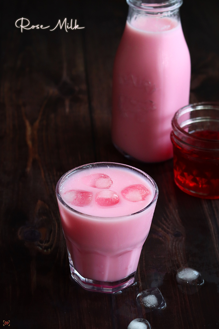 rose milk is served with ice cubes
