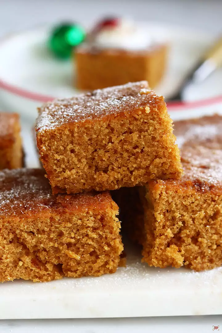 gingerbread cake stacked up in a tray