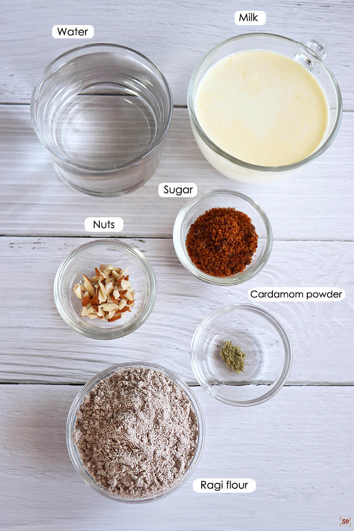 a display of ingredients needed to make ragi porridge