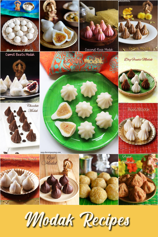 a display of images showing different varieties of modak