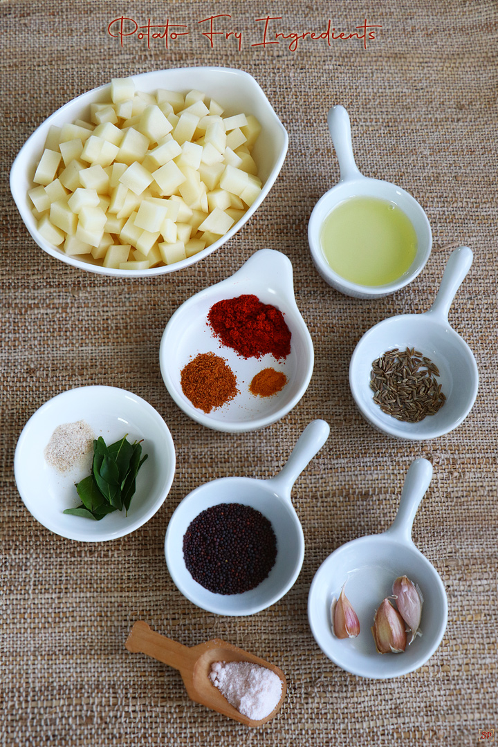 a display of ingredients for making potato fry