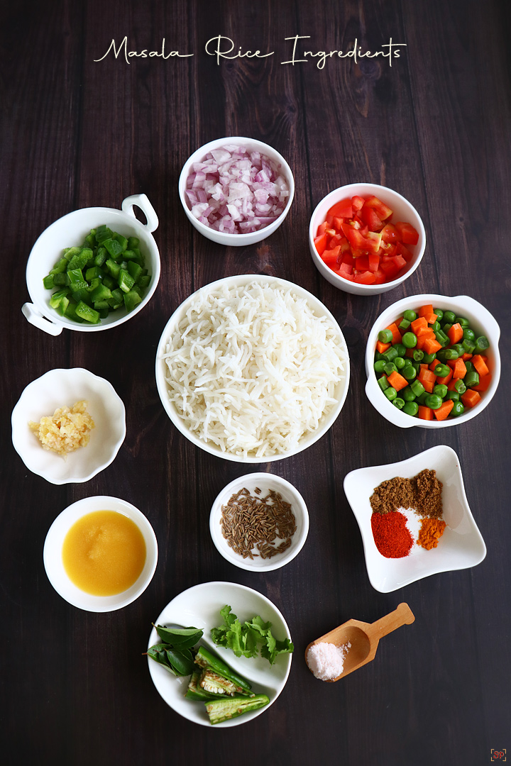 a display of ingredients for making masala rice