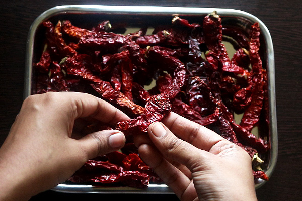 pluck stem of kashmiri red chillies