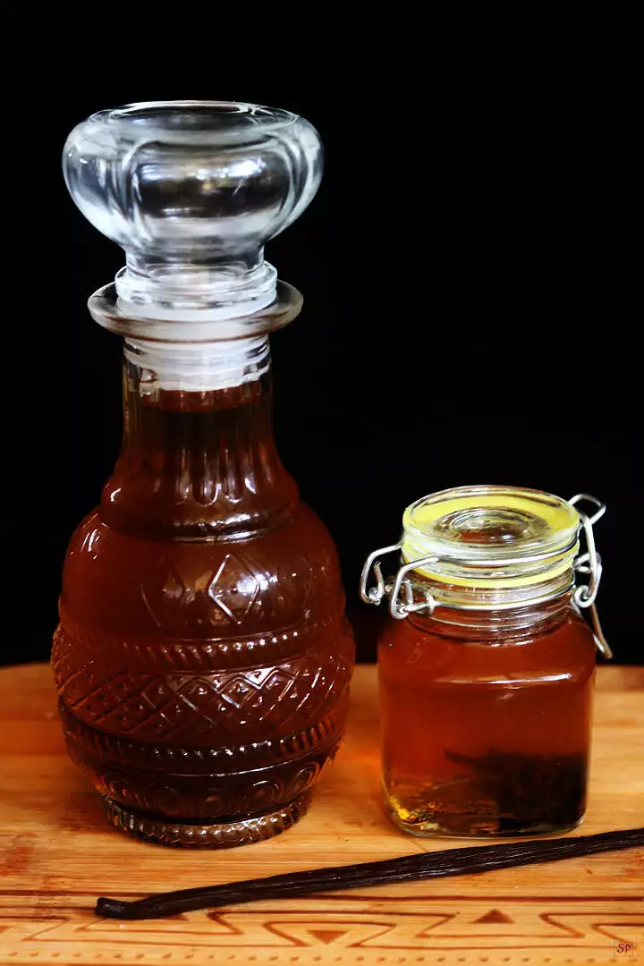 vanilla extract stored in a glass bottle