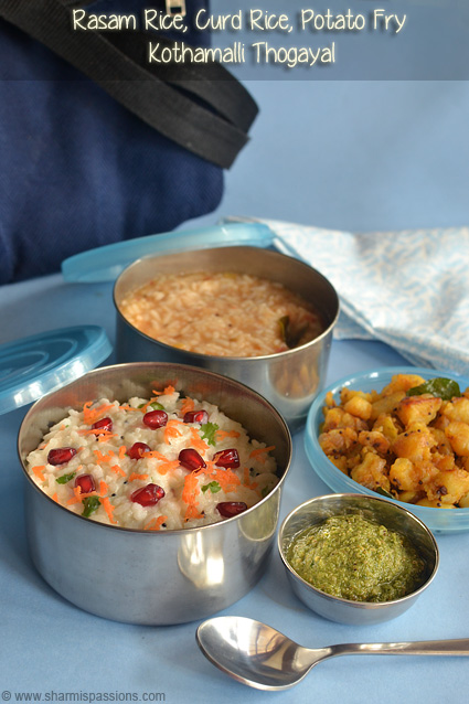 Rasam Rice, Curd Rice and Potato Fry