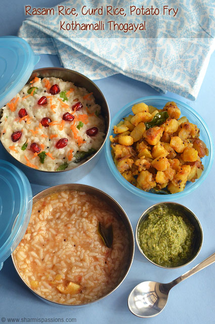 Rasam Rice, Curd Rice and Potato Fry