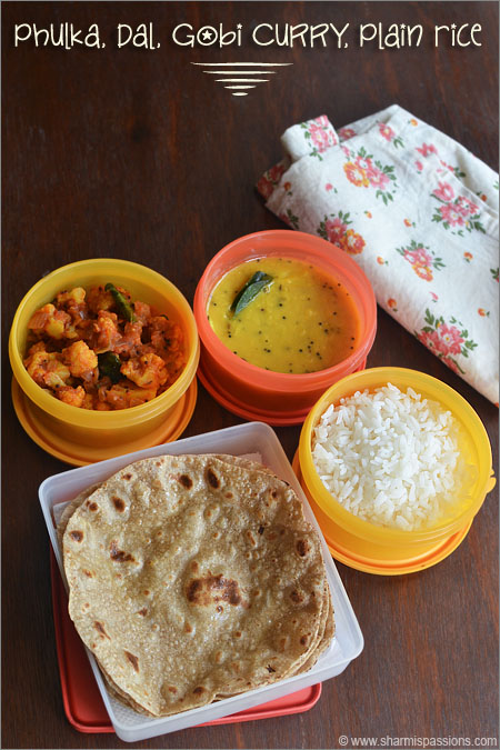 phulka, rice, dal with gobi curry