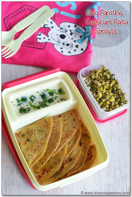 aloo paratha with capsicum raita and sprouts