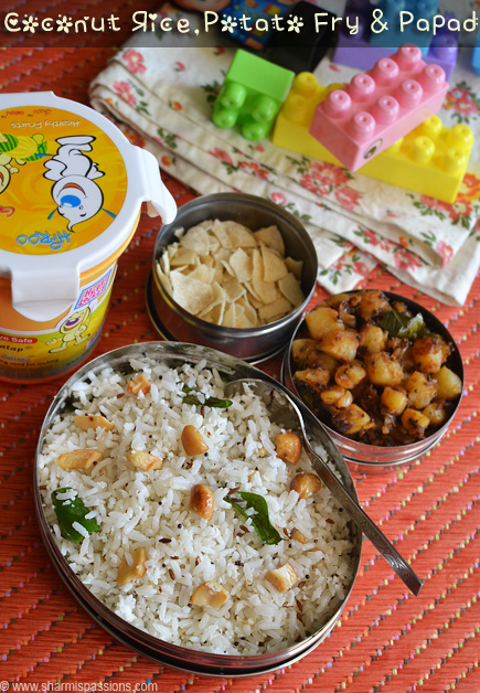 coconut rice with potato fry and papad