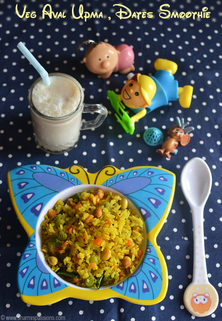 vegetable aval upma and dates smoothie