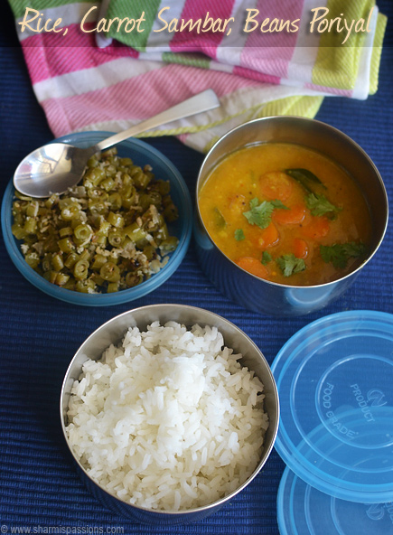 rice,carot sambar and beans poriyal