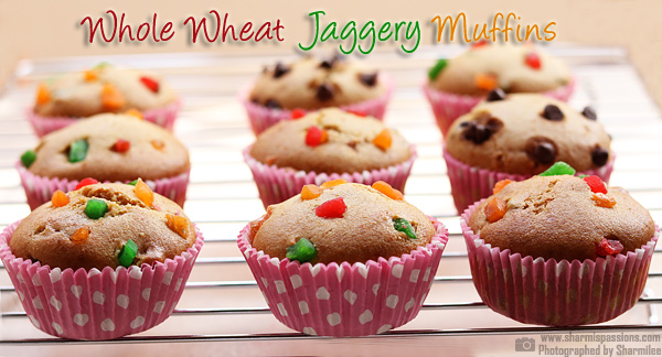 Eggless Whole Wheat Jaggery Muffins