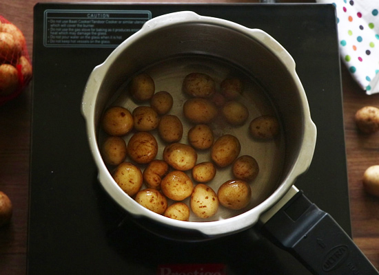 tandoori aloo gravy recipe pressure cook baby potatoes
