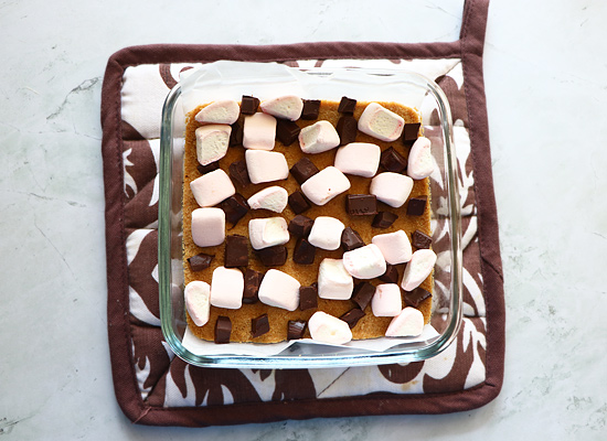 add marshmallows, chocolate