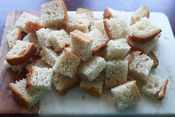 cut bread into small squares