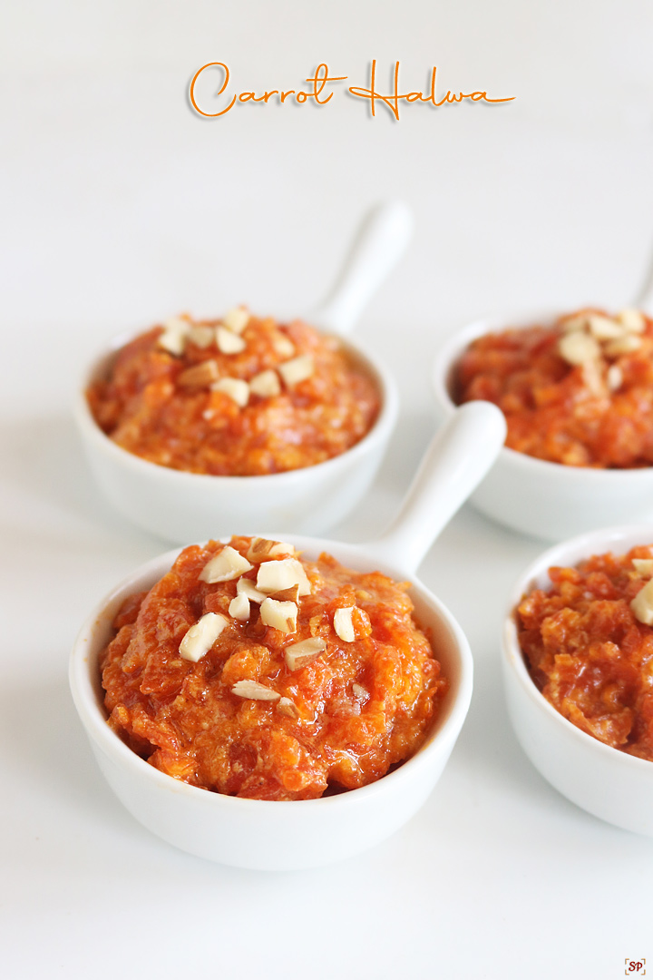 carrot halwa cooked in pressure cooker served in small bowls