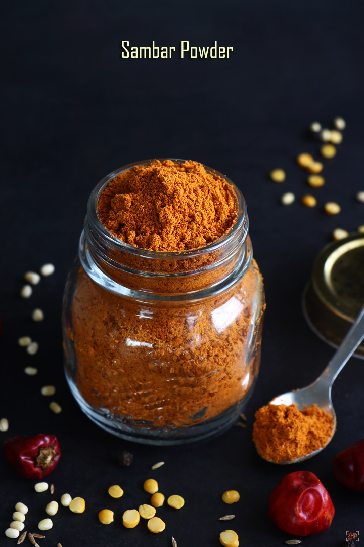 sambar powder in a glass bottle