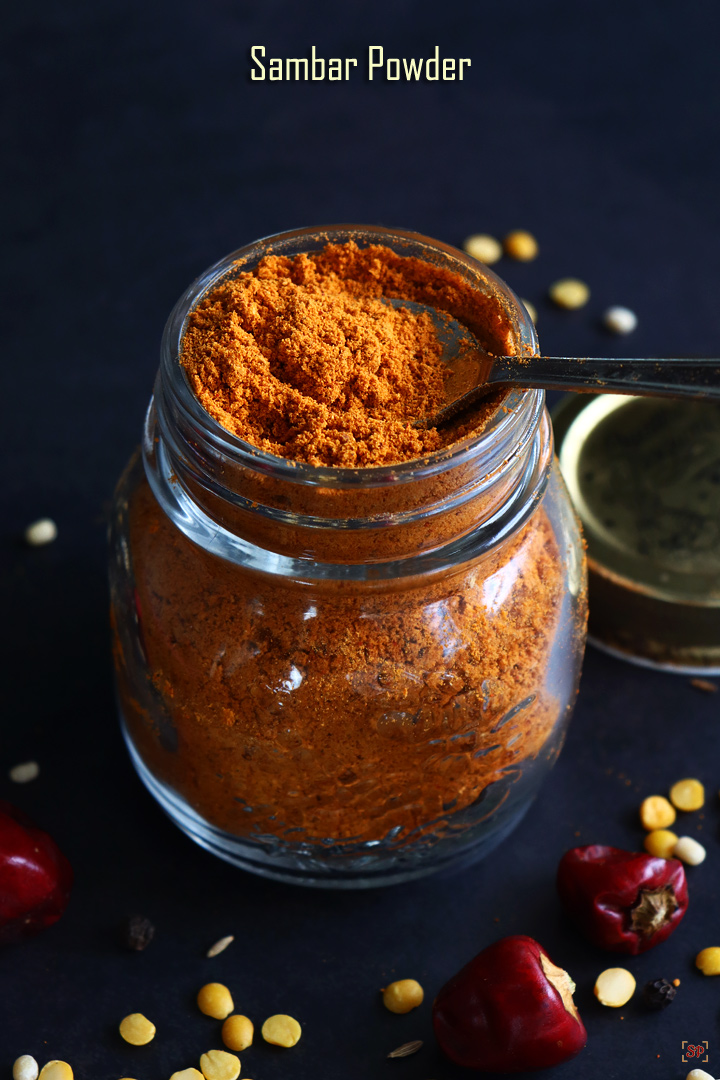 sambar powder in a glass bottle