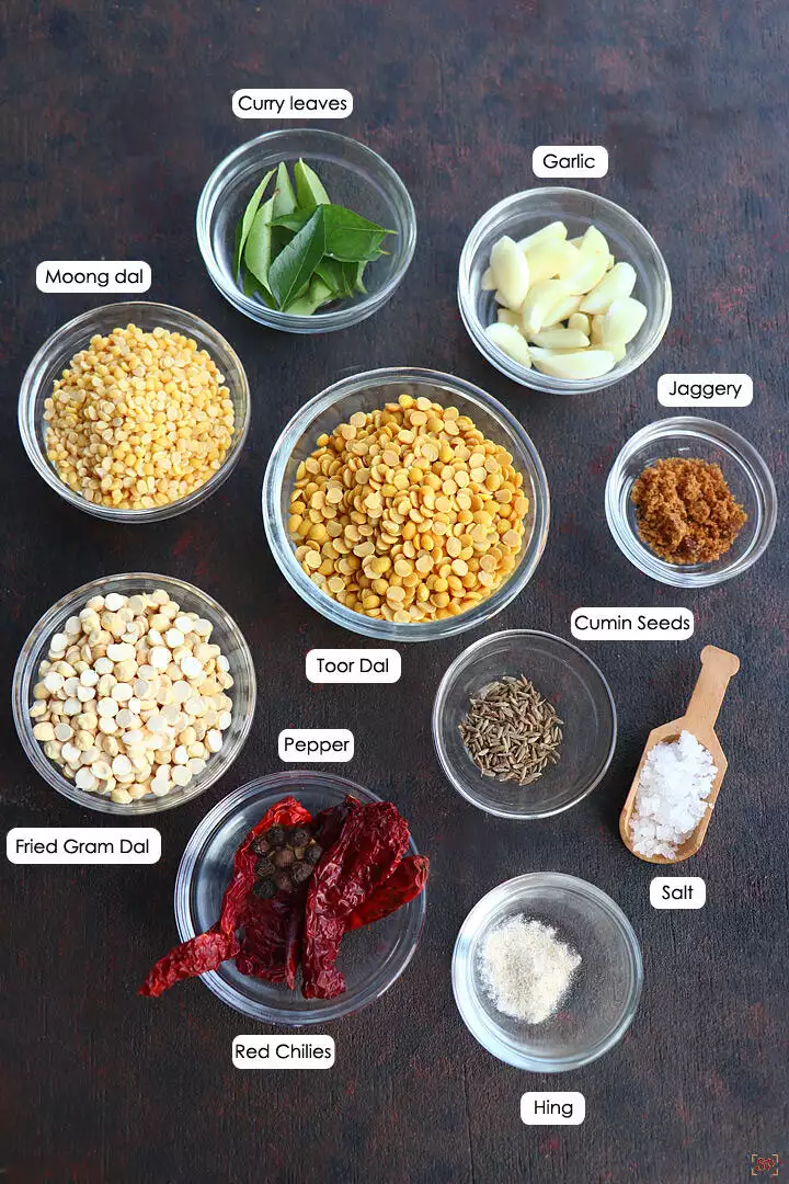 a display of ingredients needed to make paruppu podi