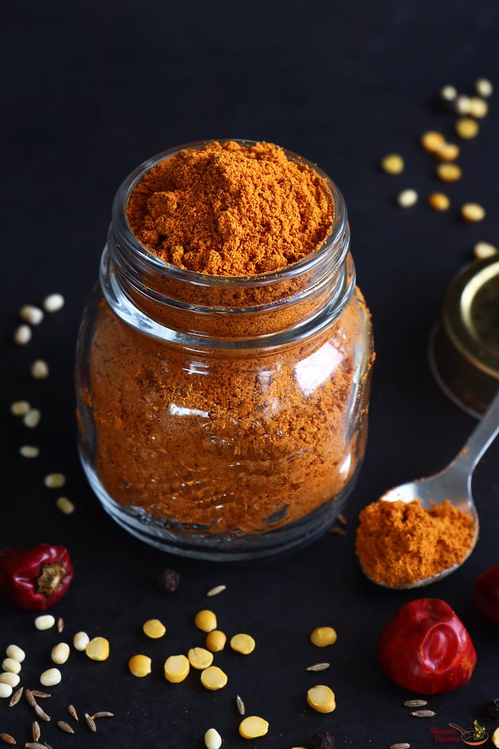 sambar powder stored in a glass jar