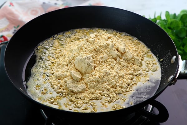 heat oil, add besan flour