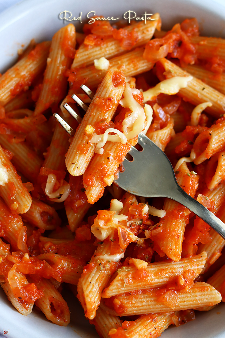 red sauce pasta in a pasta bowl