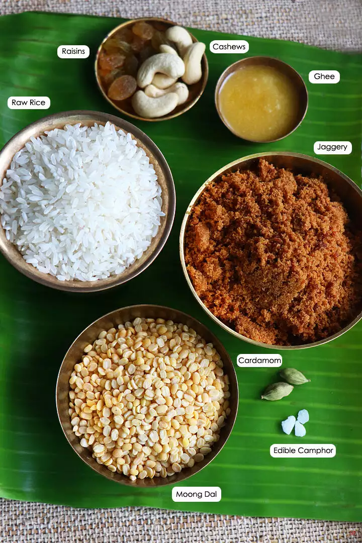 a display of ingredients needed to make sweet pongal