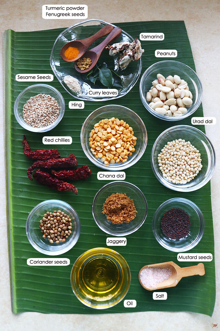 a display of ingredients needed for making puliyodharai