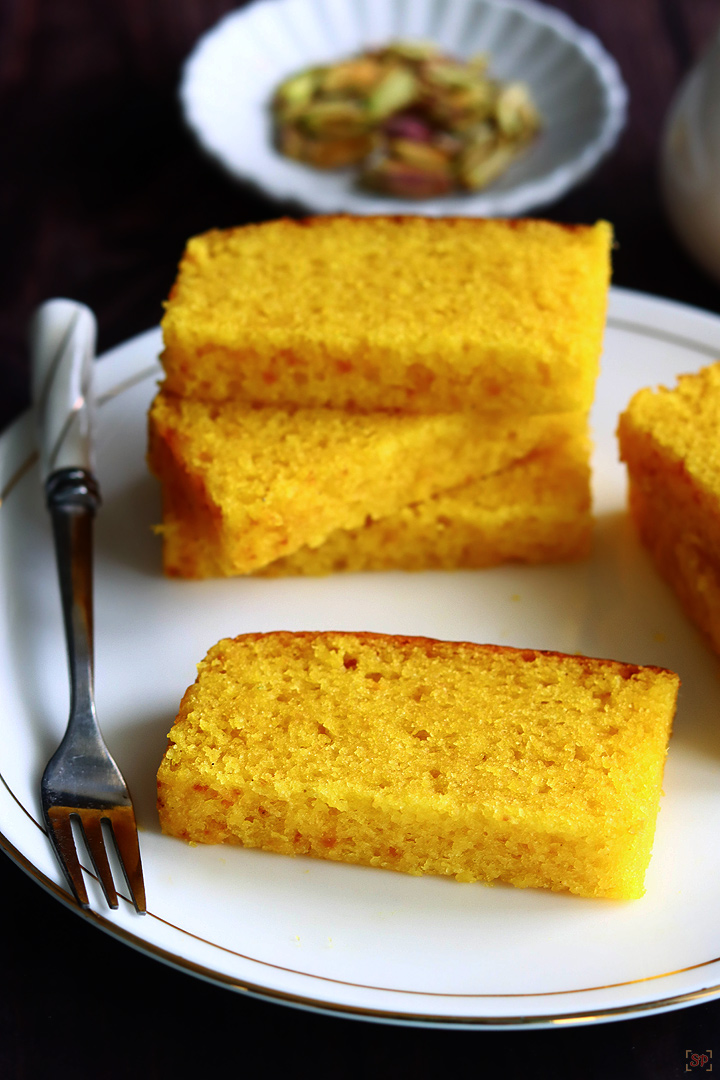 mango cake slices served in a white plate