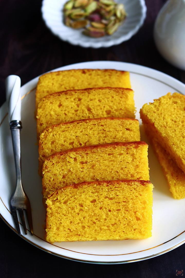 mango cake slices served in a white plate