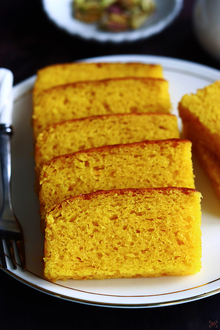 mango cake slices served in a white plate