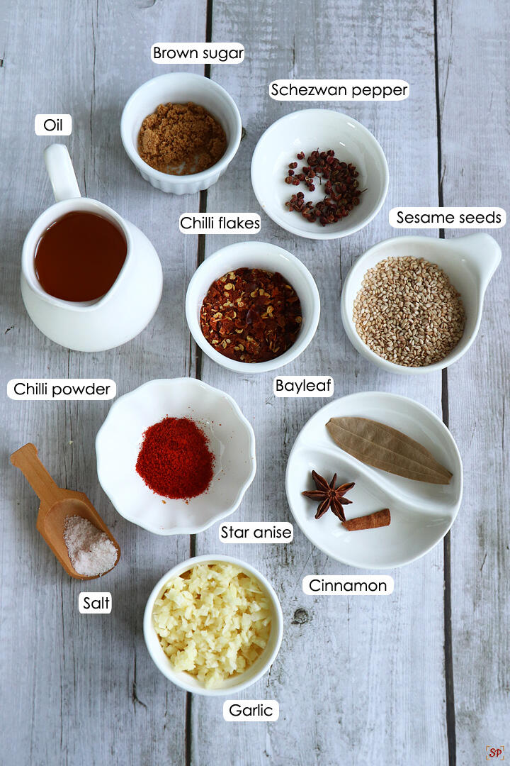 a display showing all the ingredients needed to make chilli oil